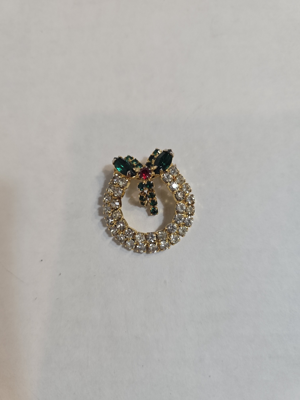 Gold-Tone Crystal Wreath Brooch with Green and Red Accents